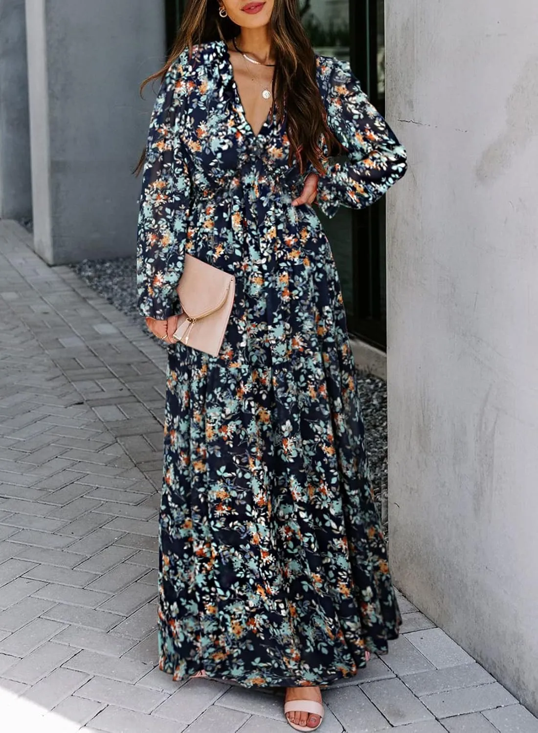 BLENCOT Womens Casual Boho Deep V Neck Short Sleeve Long Dress