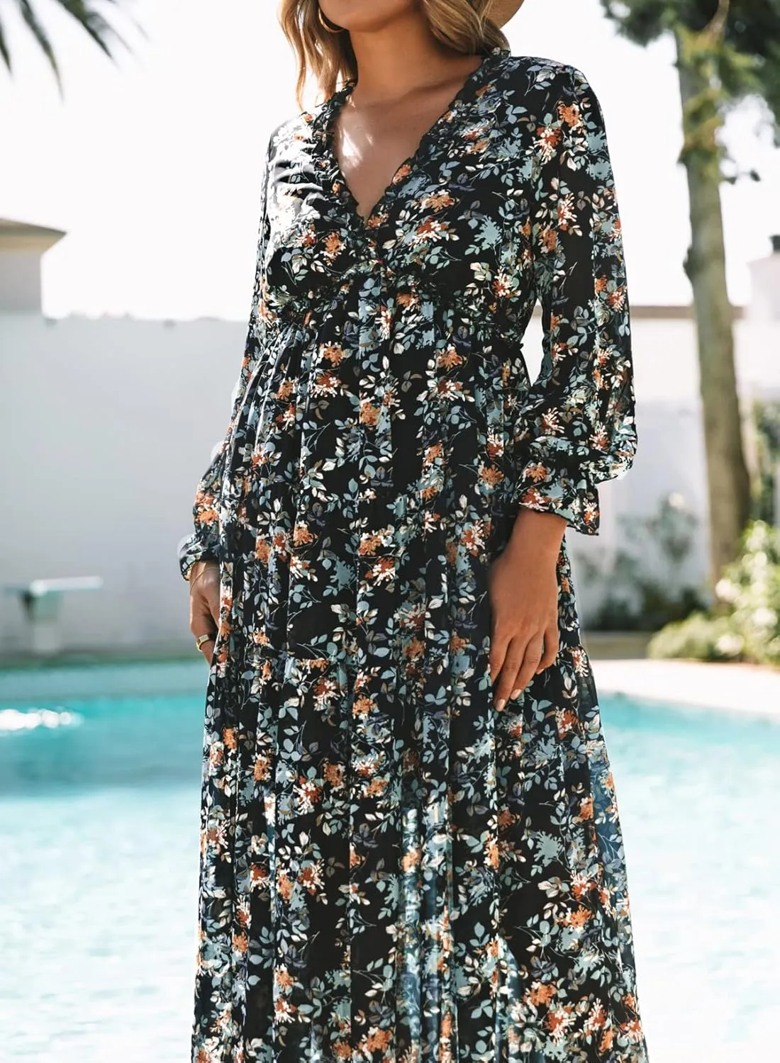 BLENCOT Womens Casual Boho Deep V Neck Short Sleeve Long Dress