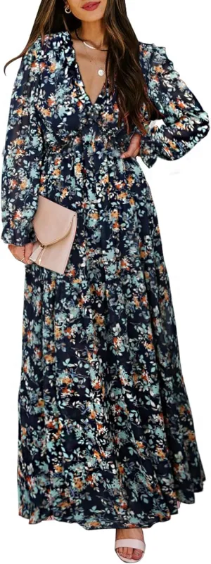 BLENCOT Womens Casual Boho Deep V Neck Short Sleeve Long Dress