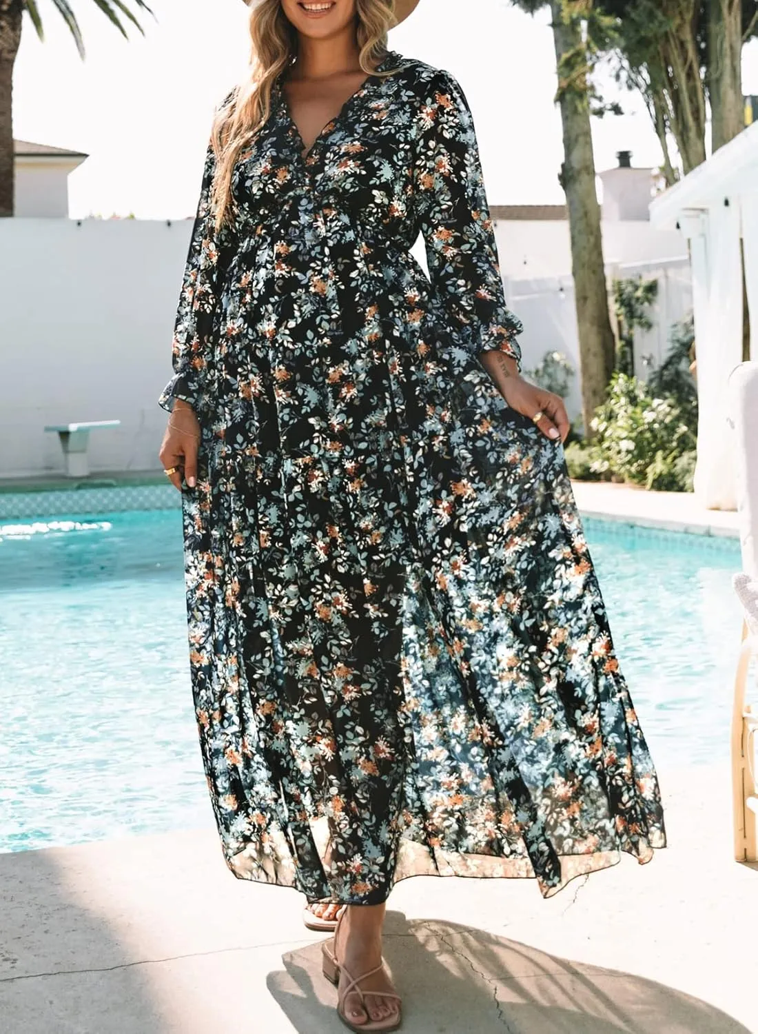 BLENCOT Womens Casual Boho Deep V Neck Short Sleeve Long Dress