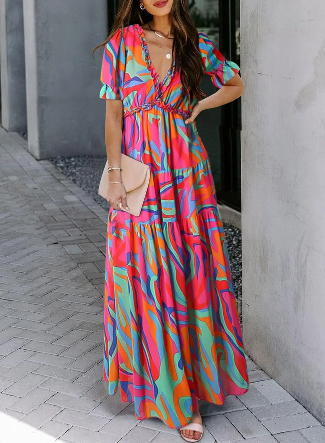 BLENCOT Womens Casual Boho Floral Printed V Neck Short Sleeve Long Evening Dress Ruched Cocktail Party Maxi Wedding Dress