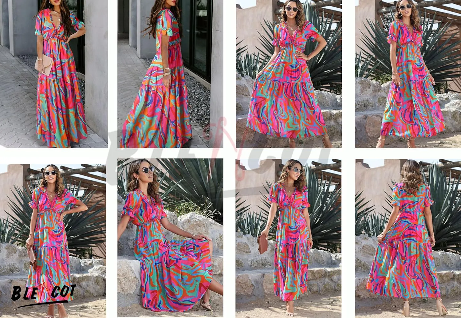 BLENCOT Womens Casual Boho Floral Printed V Neck Short Sleeve Long Evening Dress Ruched Cocktail Party Maxi Wedding Dress
