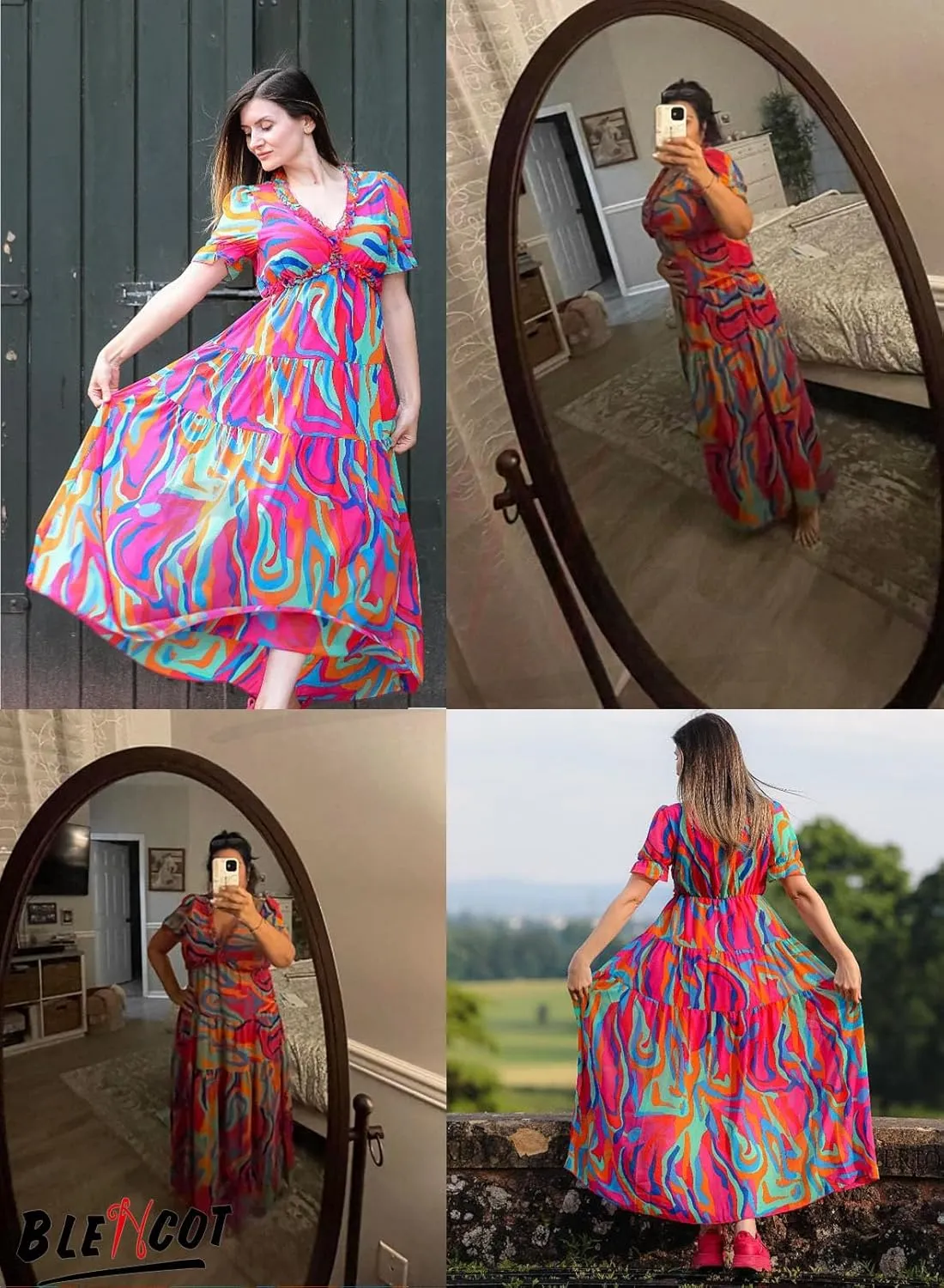 BLENCOT Womens Casual Boho Floral Printed V Neck Short Sleeve Long Evening Dress Ruched Cocktail Party Maxi Wedding Dress