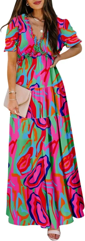BLENCOT Womens Casual Boho Floral Printed V Neck Short Sleeve Long Evening Dress Ruched Cocktail Party Maxi Wedding Dress