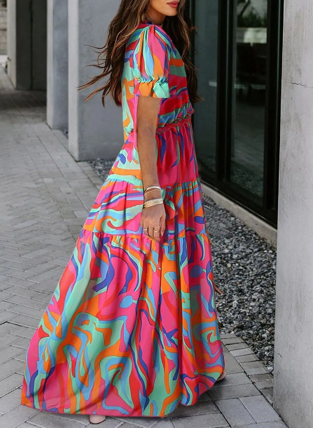 BLENCOT Womens Casual Boho Floral Printed V Neck Short Sleeve Long Evening Dress Ruched Cocktail Party Maxi Wedding Dress