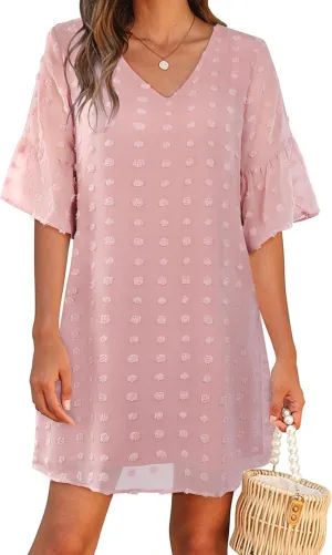Blooming Jelly Womens White Dresses Short Sleeve V Neck Ruffle Cute Sun Dress Chiffon Flowy Shift Mini Dress