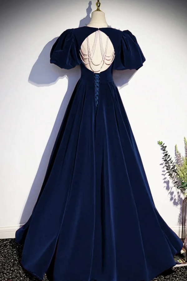 Blue Velvet Floor Length Prom Dress, Elegant Short Sleeve Evening Party Dress KPP2112