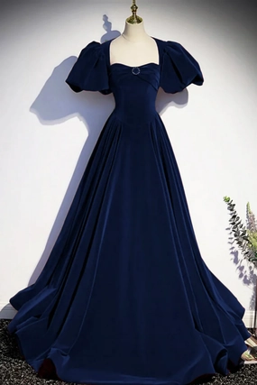 Blue Velvet Floor Length Prom Dress, Elegant Short Sleeve Evening Party Dress KPP2112
