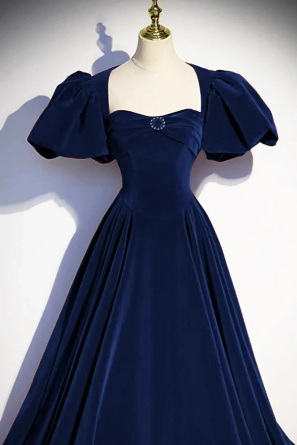 Blue Velvet Floor Length Prom Dress, Elegant Short Sleeve Evening Party Dress KPP2112