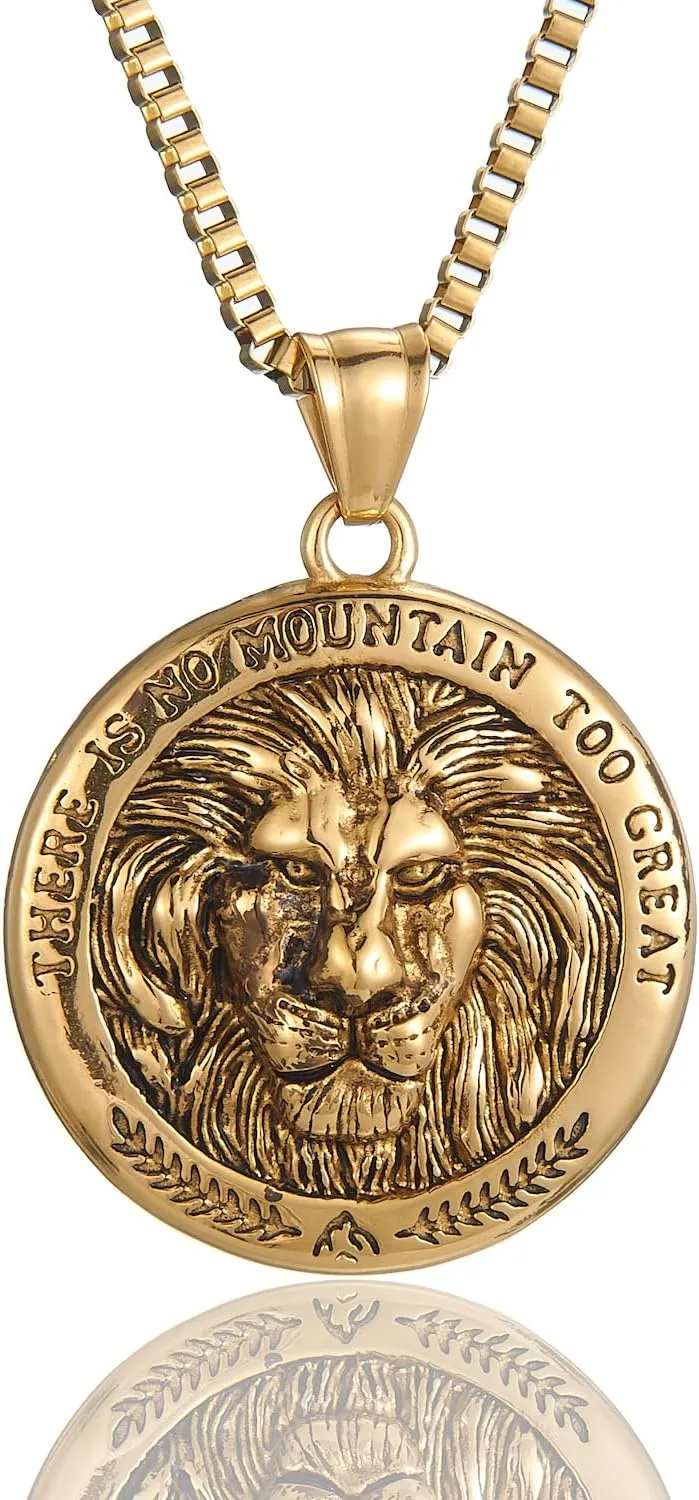BREGO Carved Lion Head Coin Pendant Necklace