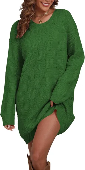 Cakulo Womens Oversized Mini Sweater Dress 2025 Checkered Fall Long Pullover Chunky Sweaters Crewneck Knit Dresses Green S