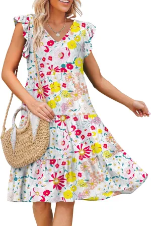 Caracilia Womens Summer Ruffle Sleeve V Neck Midi Dress Flowy Boho Casual A-Line Tiered Knee Length Beach Vacation Sundress