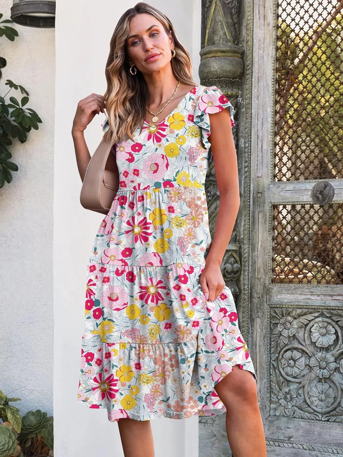 Caracilia Womens Summer Ruffle Sleeve V Neck Midi Dress Flowy Boho Casual A-Line Tiered Knee Length Beach Vacation Sundress