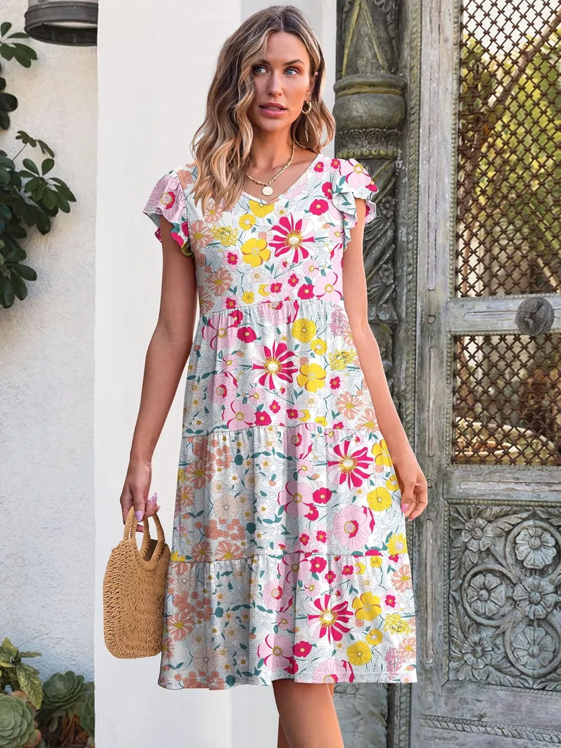 Caracilia Womens Summer Ruffle Sleeve V Neck Midi Dress Flowy Boho Casual A-Line Tiered Knee Length Beach Vacation Sundress
