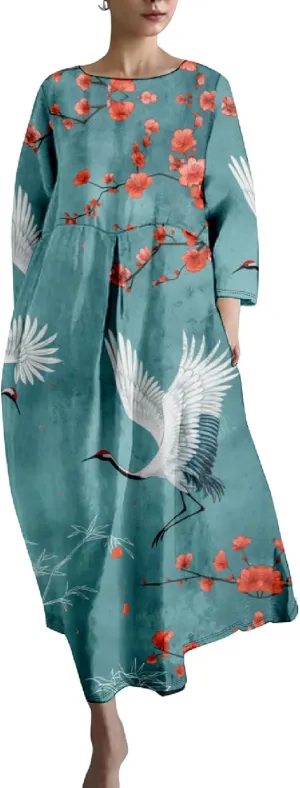 Casual Summer Dress for Women 2024 Plus Size T Shirt Dress Long Sleeve Blue Wave Crane Japanese Art Maxi Dress