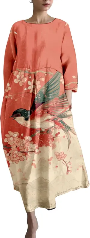 Casual Summer Dress for Women 2024 Plus Size T Shirt Dress Long Sleeve Blue Wave Crane Japanese Art Maxi Dress