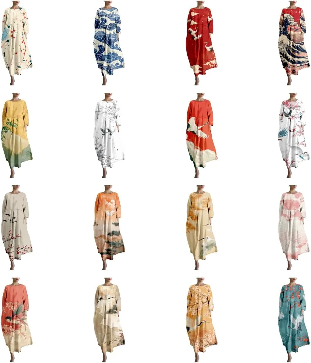 Casual Summer Dress for Women 2024 Plus Size T Shirt Dress Long Sleeve Blue Wave Crane Japanese Art Maxi Dress
