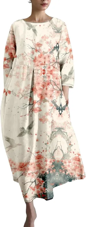 Casual Summer Dress for Women 2024 Plus Size T Shirt Dress Long Sleeve Blue Wave Crane Japanese Art Maxi Dress