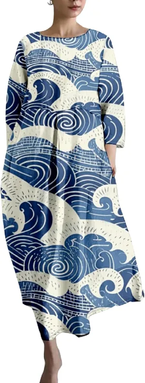 Casual Summer Dress for Women 2024 Plus Size T Shirt Dress Long Sleeve Blue Wave Crane Japanese Art Maxi Dress