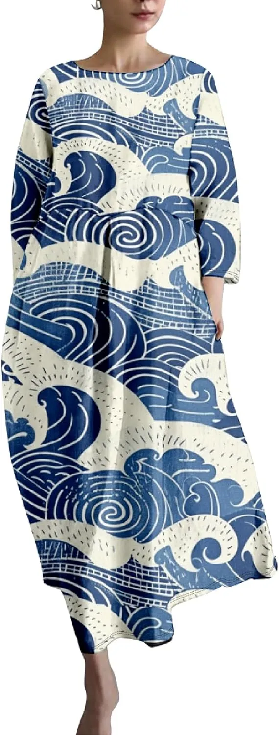 Casual Summer Dress for Women 2024 Plus Size T Shirt Dress Long Sleeve Blue Wave Crane Japanese Art Maxi Dress