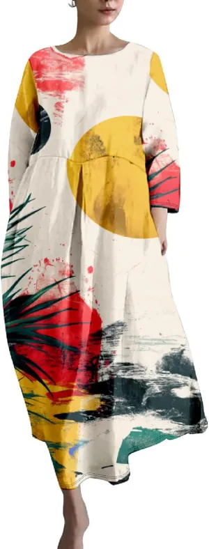 Casual Summer Dress for Women 2024 Plus Size T Shirt Dress Long Sleeve Blue Wave Crane Japanese Art Maxi Dress