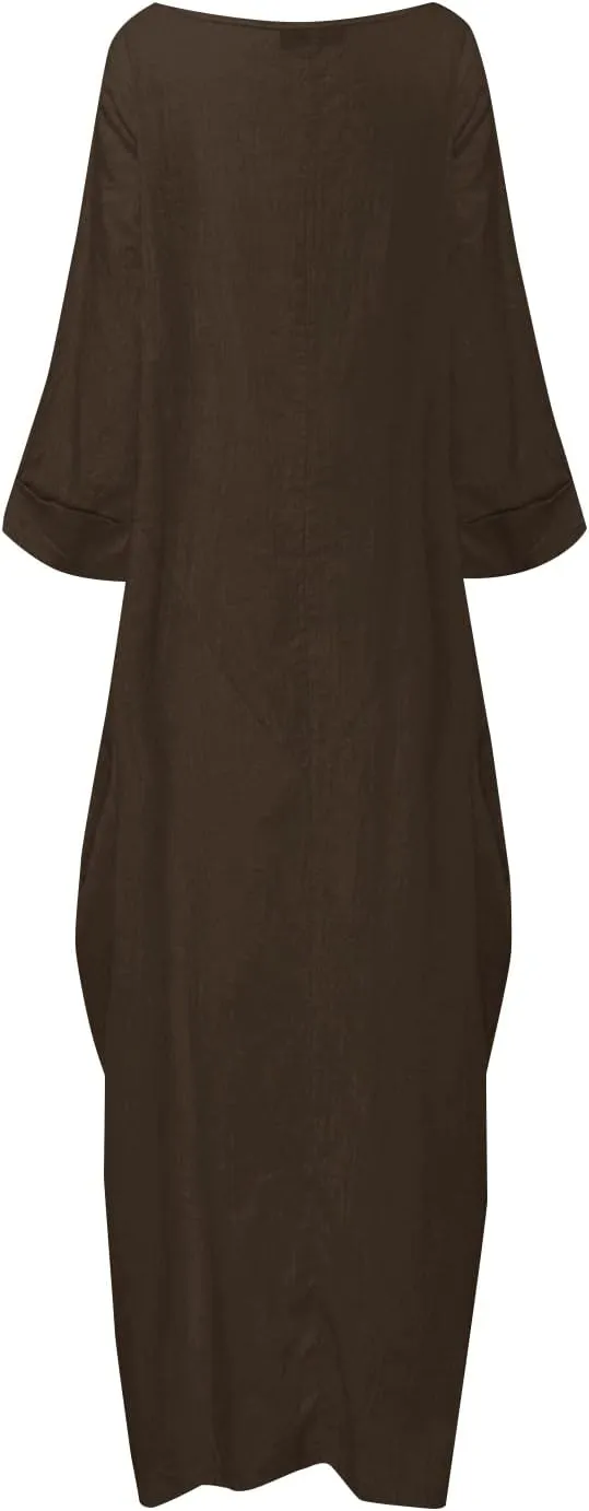 Celmia Autumn Solid Loose Long Maxi Dress Cotton Caftan