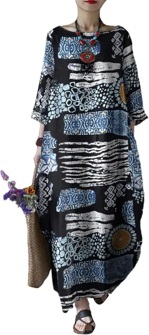 Celmia Autumn Solid Loose Long Maxi Dress Cotton Caftan