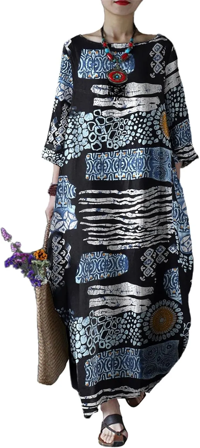 Celmia Autumn Solid Loose Long Maxi Dress Cotton Caftan