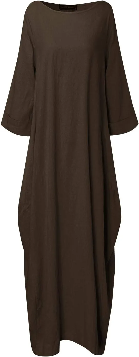 Celmia Autumn Solid Loose Long Maxi Dress Cotton Caftan
