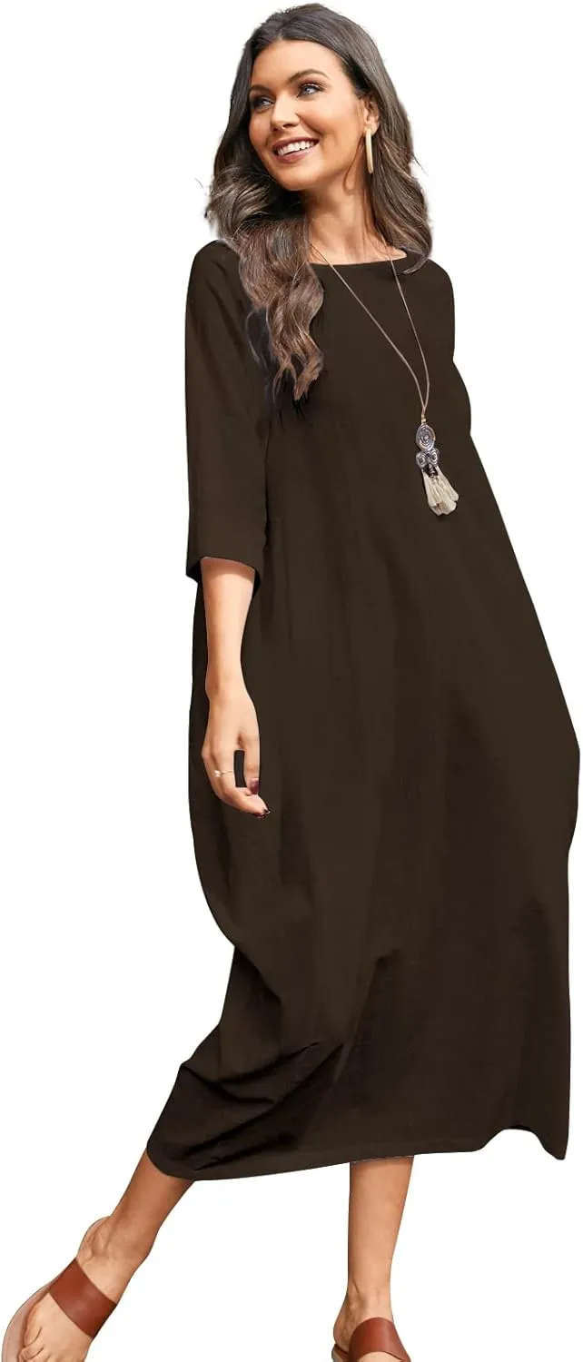Celmia Autumn Solid Loose Long Maxi Dress Cotton Caftan