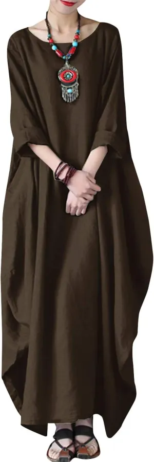 Celmia Autumn Solid Loose Long Maxi Dress Cotton Caftan
