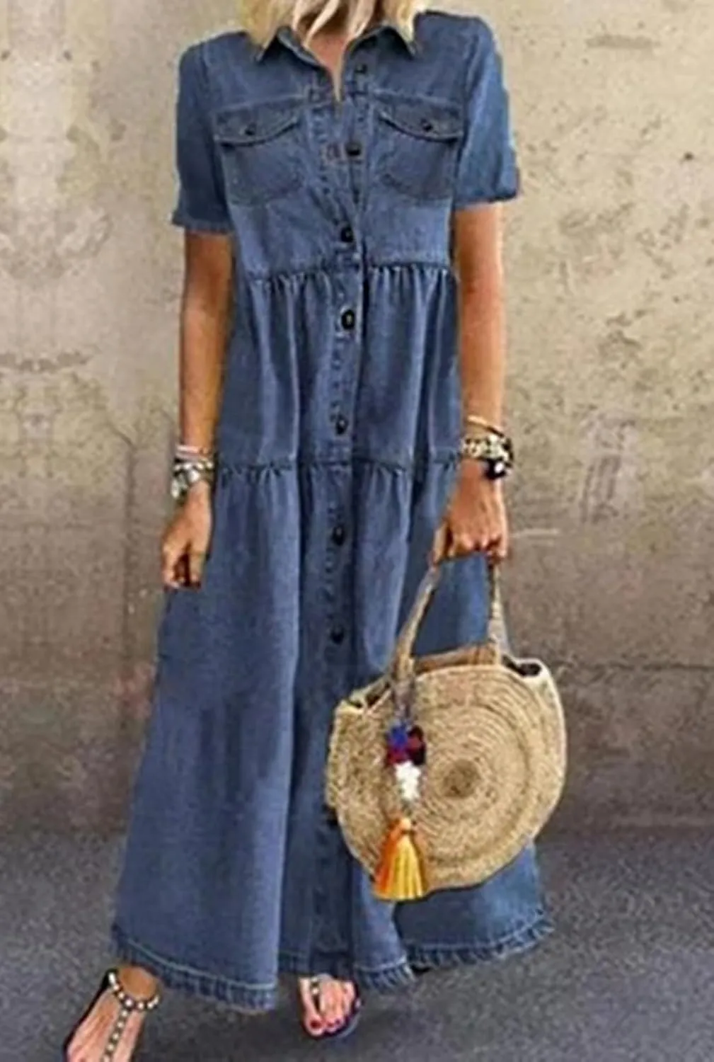 CHARTOU Women Short Sleeve Denim Maxi Dress Long Jean Dress Flowy Button Down Shirt Tiered Dress Summer Sundress