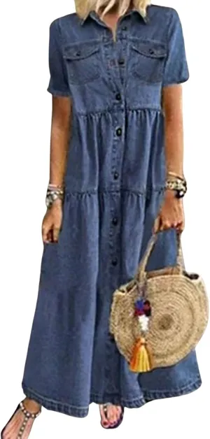 CHARTOU Women Short Sleeve Denim Maxi Dress Long Jean Dress Flowy Button Down Shirt Tiered Dress Summer Sundress