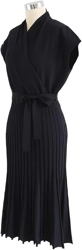 CHICWISH Women's Black Bowknot Pleated Sleeveless Wrapped Knit Midi Dress