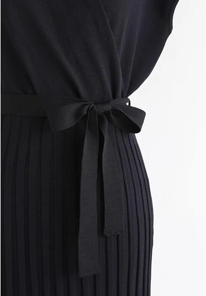 CHICWISH Women's Black Bowknot Pleated Sleeveless Wrapped Knit Midi Dress