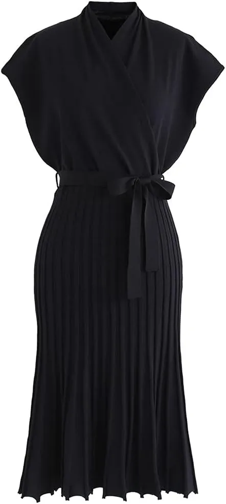 CHICWISH Women's Black Bowknot Pleated Sleeveless Wrapped Knit Midi Dress