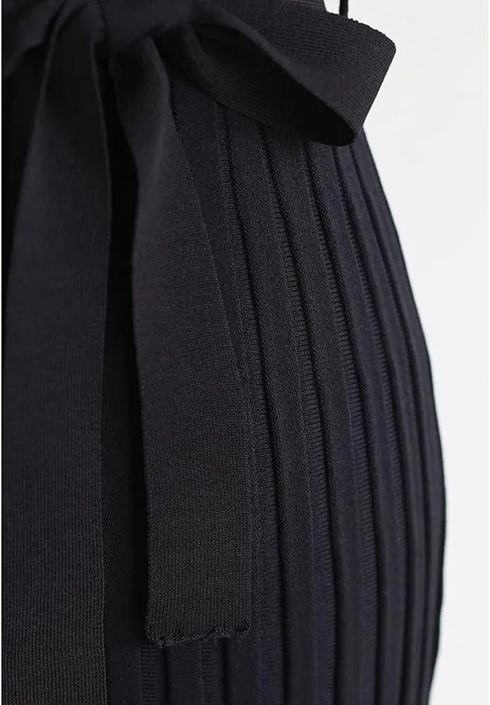 CHICWISH Women's Black Bowknot Pleated Sleeveless Wrapped Knit Midi Dress