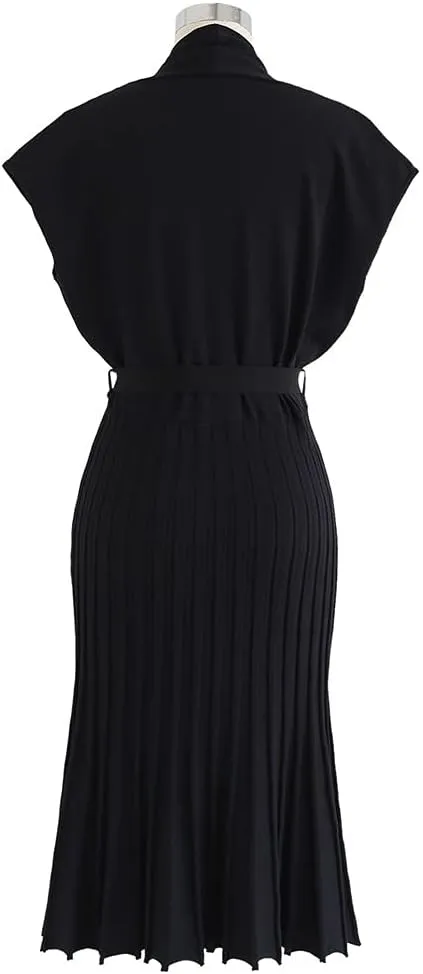 CHICWISH Women's Black Bowknot Pleated Sleeveless Wrapped Knit Midi Dress