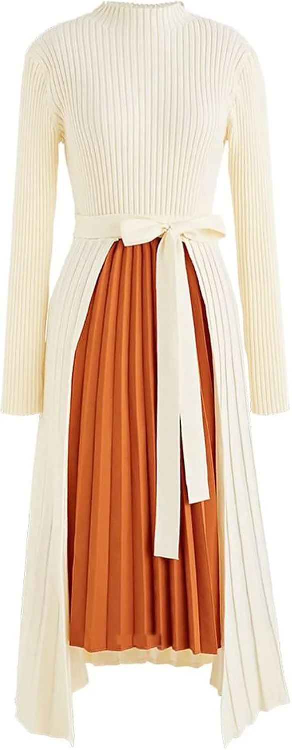 CHICWISH Women's Black/Dark Green/Caramel/Cream/Violet Front Pleats Splicing Belted Hi-Lo Knit Midi Dress