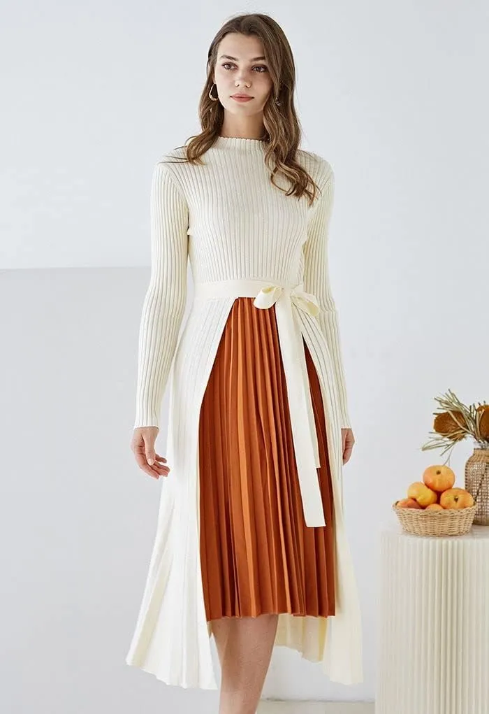 CHICWISH Women's Black/Dark Green/Caramel/Cream/Violet Front Pleats Splicing Belted Hi-Lo Knit Midi Dress