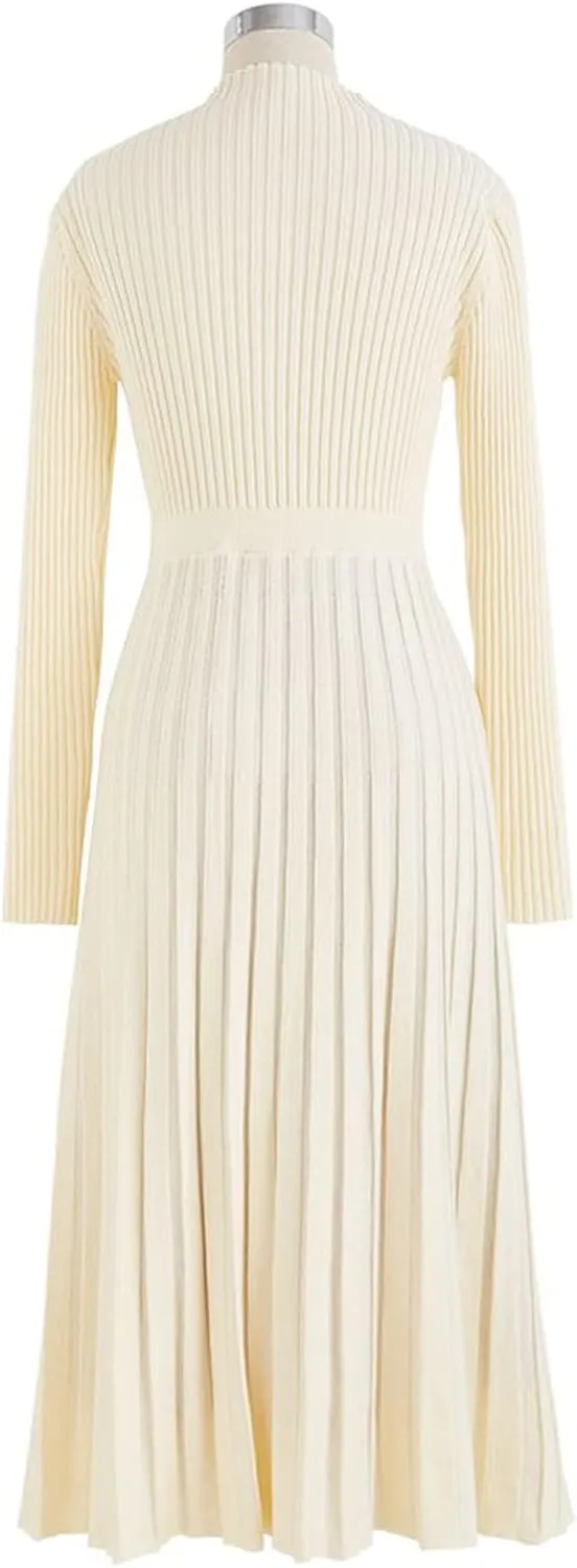 CHICWISH Women's Black/Dark Green/Caramel/Cream/Violet Front Pleats Splicing Belted Hi-Lo Knit Midi Dress