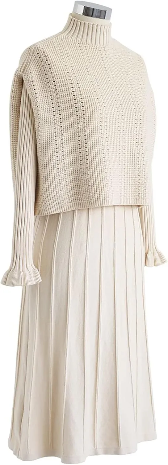 CHICWISH Women's Cream/Apricot/Black/Teal/Mint Mock Neck Pleated Knit Twinset Dress