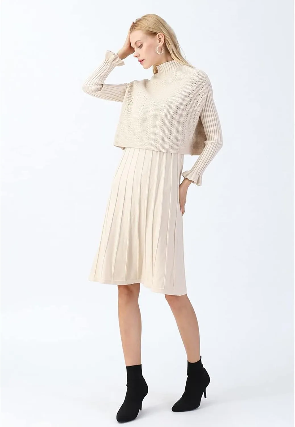 CHICWISH Women's Cream/Apricot/Black/Teal/Mint Mock Neck Pleated Knit Twinset Dress
