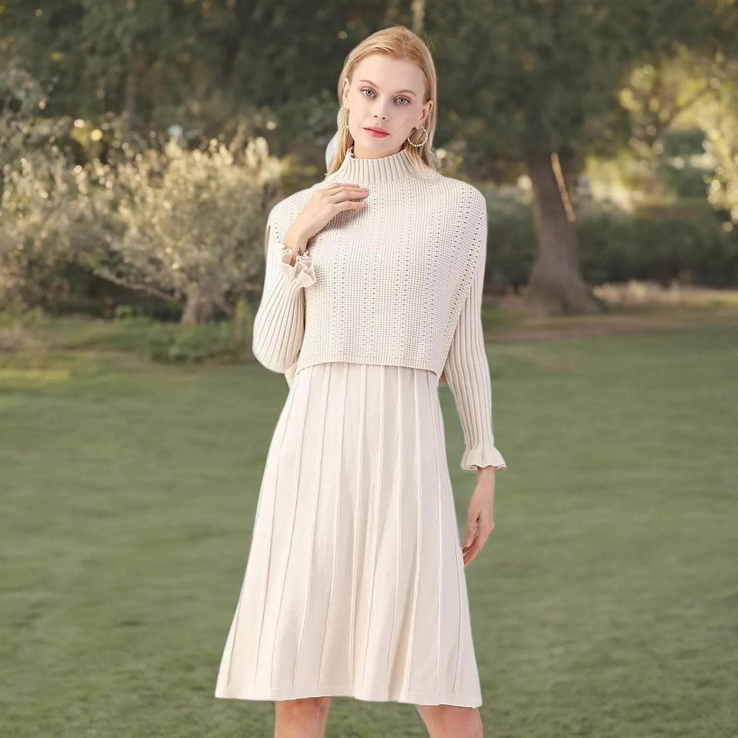 CHICWISH Women's Cream/Apricot/Black/Teal/Mint Mock Neck Pleated Knit Twinset Dress