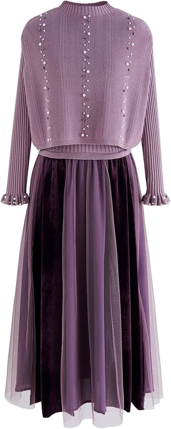 CHICWISH Women's Cream/Apricot/Black/Teal/Mint Mock Neck Pleated Knit Twinset Dress