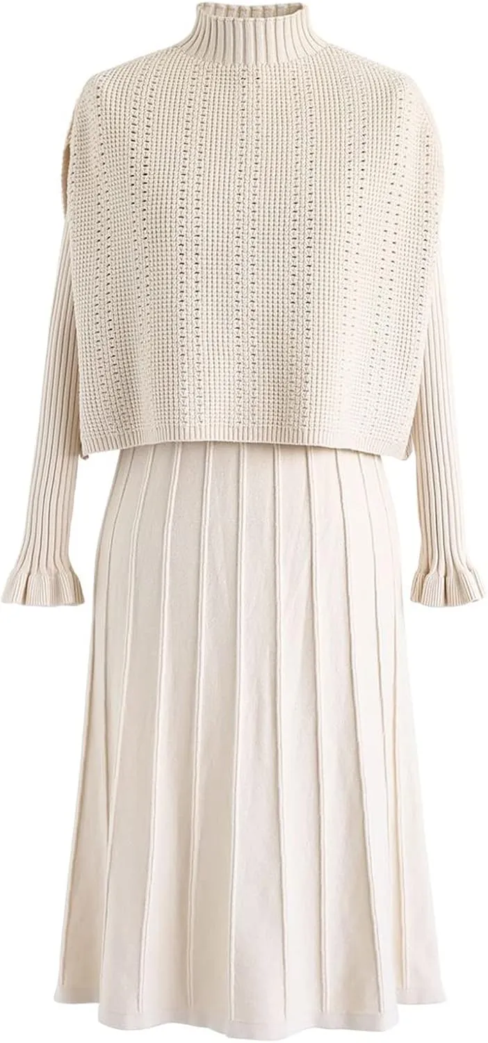 CHICWISH Women's Cream/Apricot/Black/Teal/Mint Mock Neck Pleated Knit Twinset Dress
