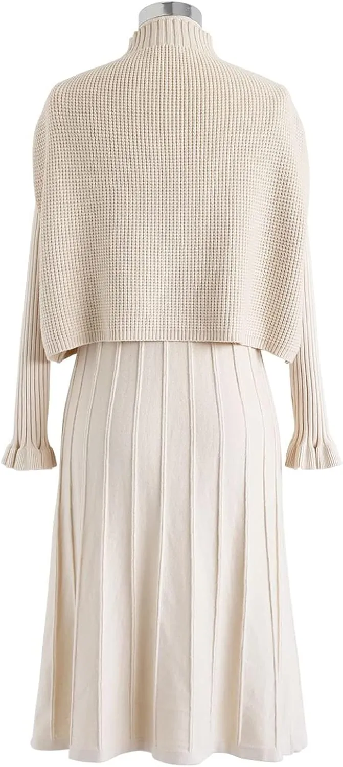 CHICWISH Women's Cream/Apricot/Black/Teal/Mint Mock Neck Pleated Knit Twinset Dress