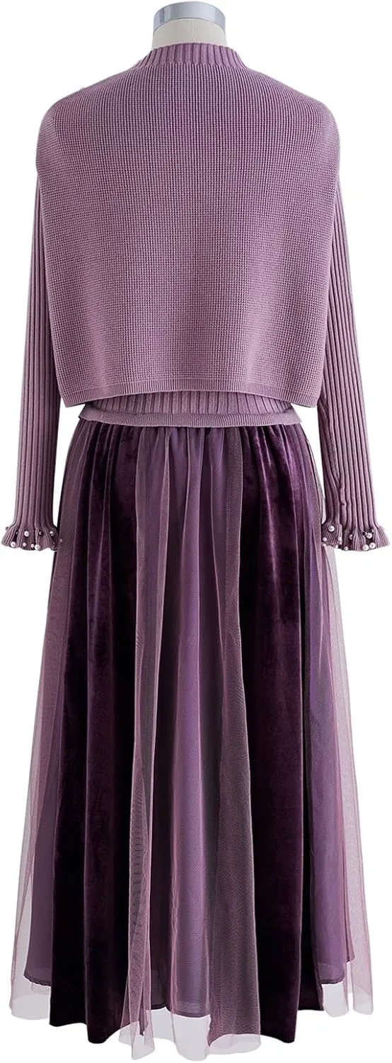 CHICWISH Women's Cream/Apricot/Black/Teal/Mint Mock Neck Pleated Knit Twinset Dress