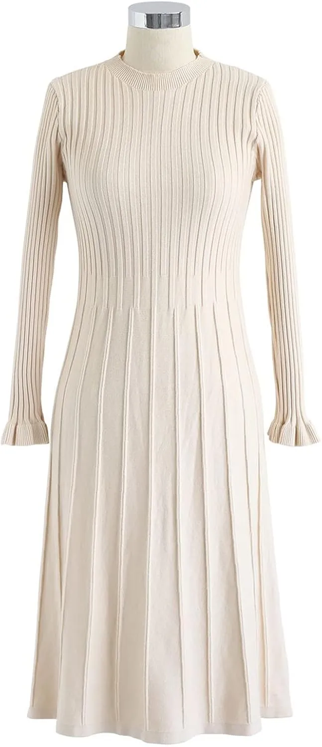CHICWISH Women's Cream/Apricot/Black/Teal/Mint Mock Neck Pleated Knit Twinset Dress