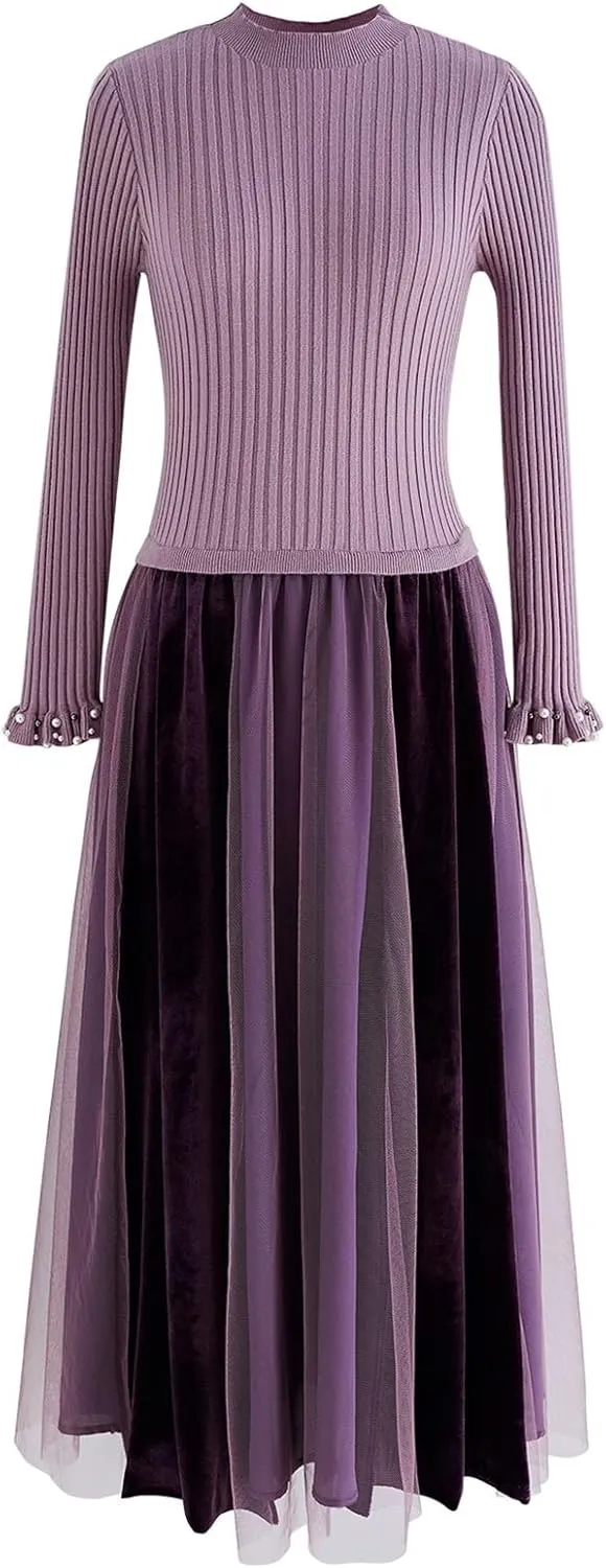 CHICWISH Women's Cream/Apricot/Black/Teal/Mint Mock Neck Pleated Knit Twinset Dress